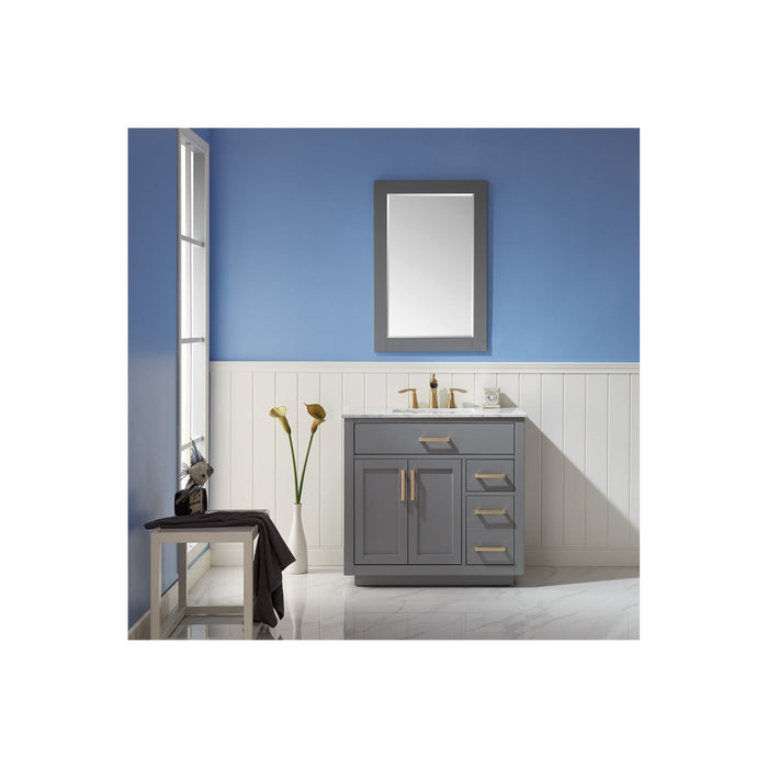 Ivy 36" Single Bathroom Vanity Set in Gray and Carrara White Marble Countertop with Mirror