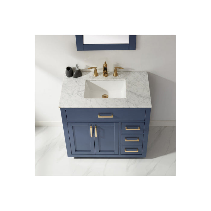 Ivy 36" Single Bathroom Vanity Set in Royal Blue and Carrara White Marble Countertop with Mirror