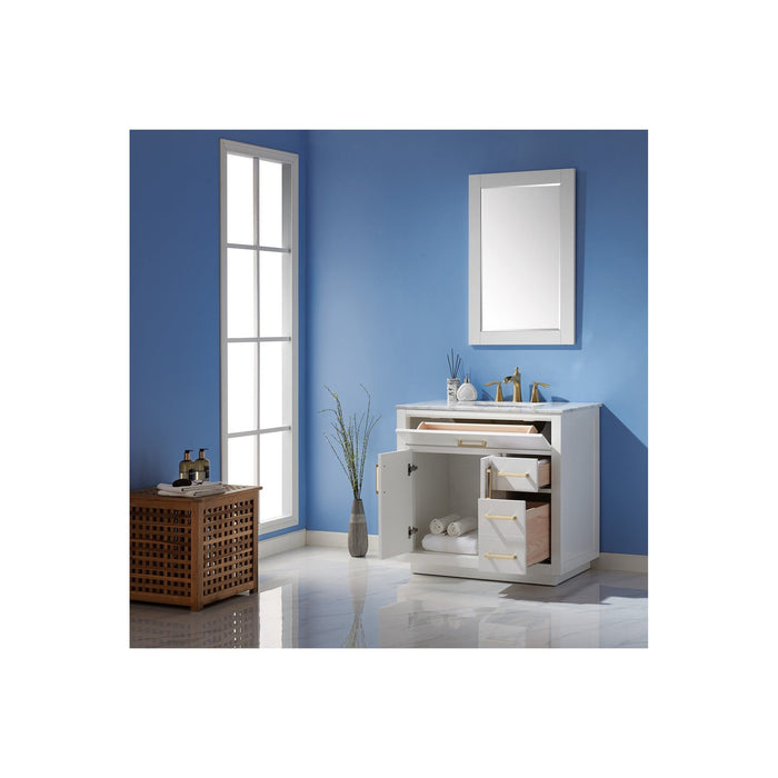 Ivy 36" Single Bathroom Vanity Set in White and Carrara White Marble Countertop with Mirror