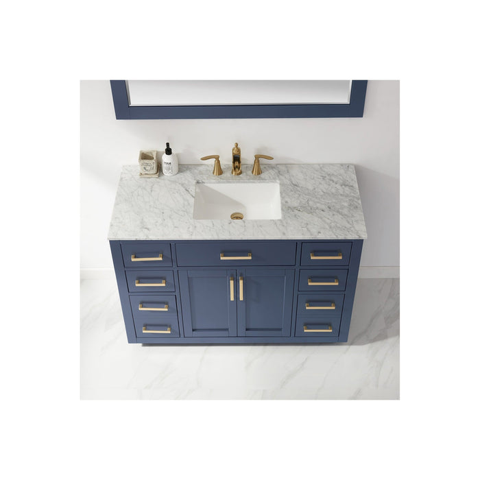 Ivy 48" Single Bathroom Vanity Set in Royal Blue and Carrara White Marble Countertop with Mirror