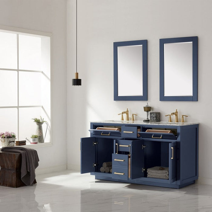 Ivy 60" Double Bathroom Vanity Cabinet Only in Royal Blue and Mirror, without Countertop