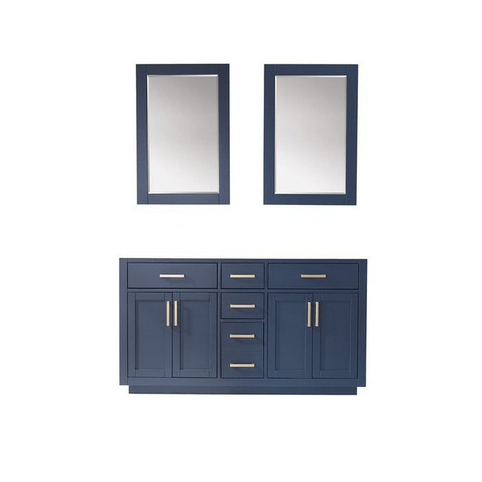 Ivy 60" Double Bathroom Vanity Cabinet Only in Royal Blue and Mirror, without Countertop