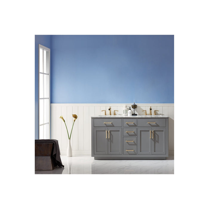 Ivy 60" Double Bathroom Vanity Set in Gray and Carrara White Marble Countertop without Mirror