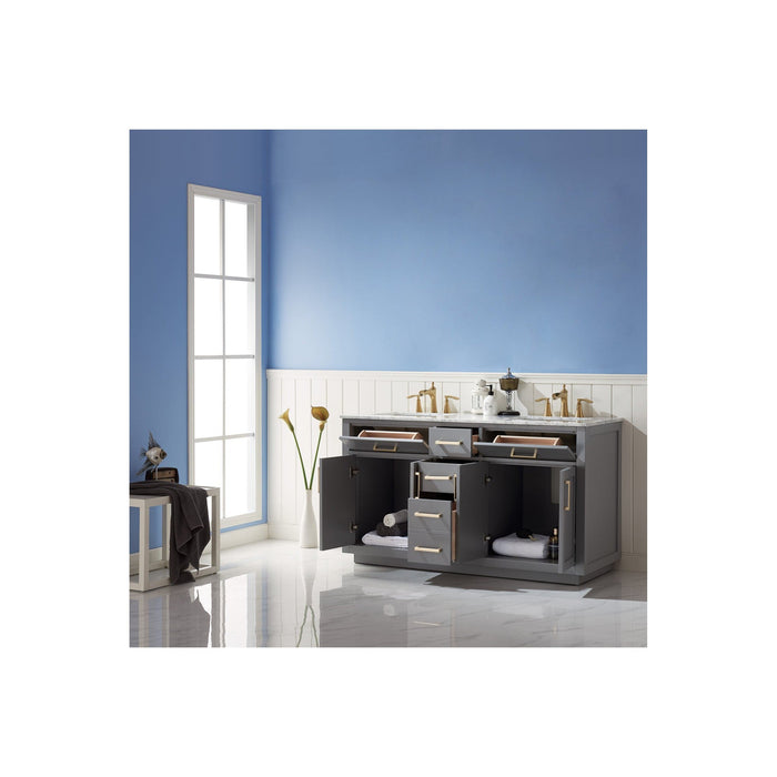 Ivy 60" Double Bathroom Vanity Set in Gray and Carrara White Marble Countertop without Mirror