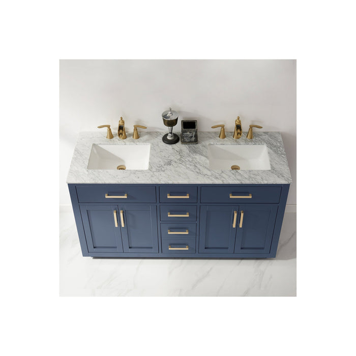 Ivy 60" Double Bathroom Vanity Set in Royal Blue and Carrara White Marble Countertop without Mirror