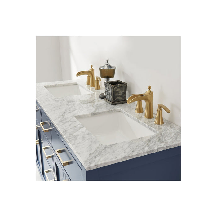 Ivy 60" Double Bathroom Vanity Set in Royal Blue and Carrara White Marble Countertop without Mirror