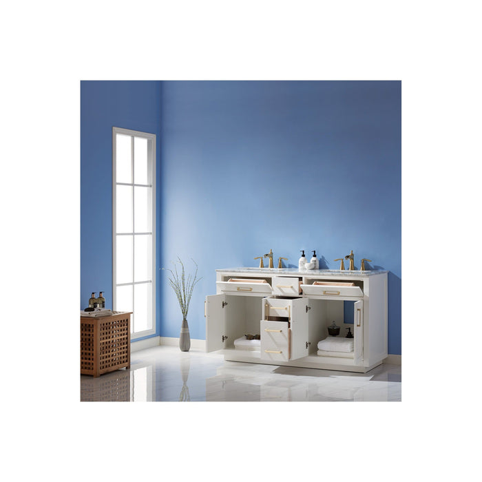 Ivy 60" Double Bathroom Vanity Set in White and Carrara White Marble Countertop without Mirror