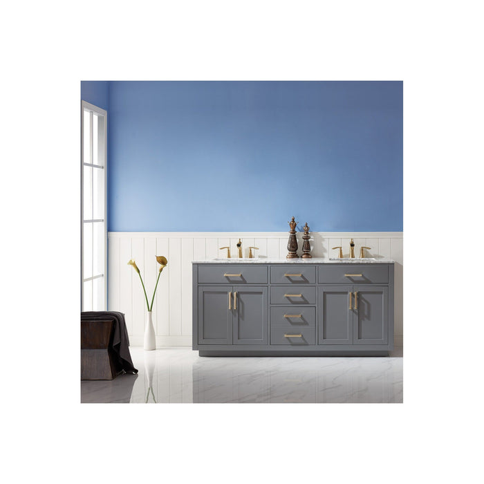 Ivy 72" Double Bathroom Vanity Set in Gray and Carrara White Marble Countertop without Mirror