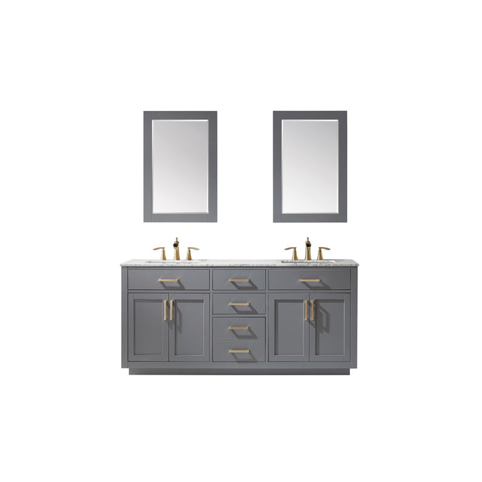 Ivy 72" Double Bathroom Vanity Set in Gray and Carrara White Marble Countertop with Mirror