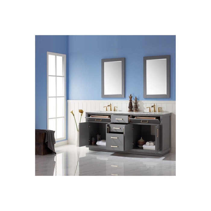 Ivy 72" Double Bathroom Vanity Set in Gray and Carrara White Marble Countertop with Mirror
