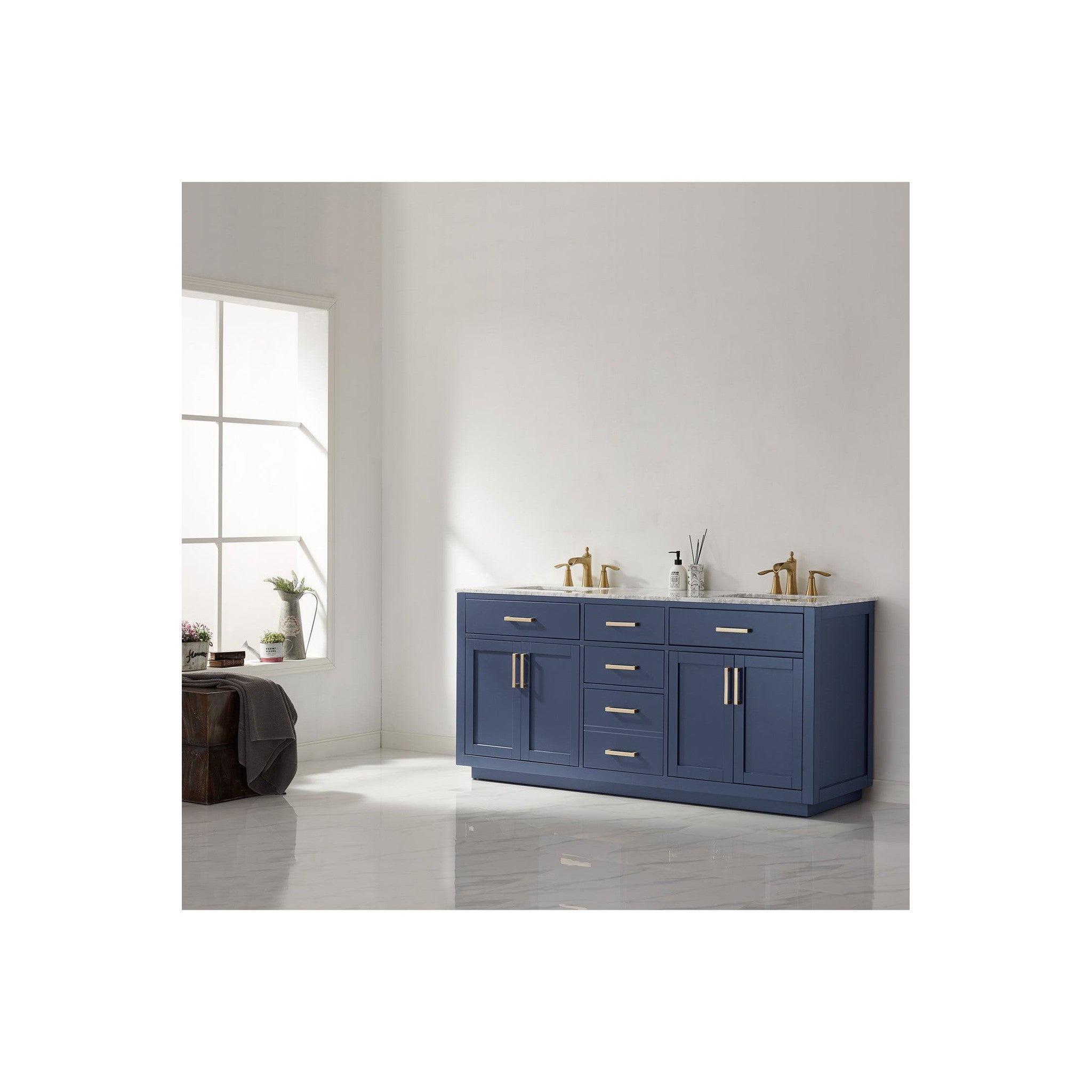 Ivy 72" Double Bathroom Vanity Set in Royal Blue and Carrara White Marble Countertop without Mirror