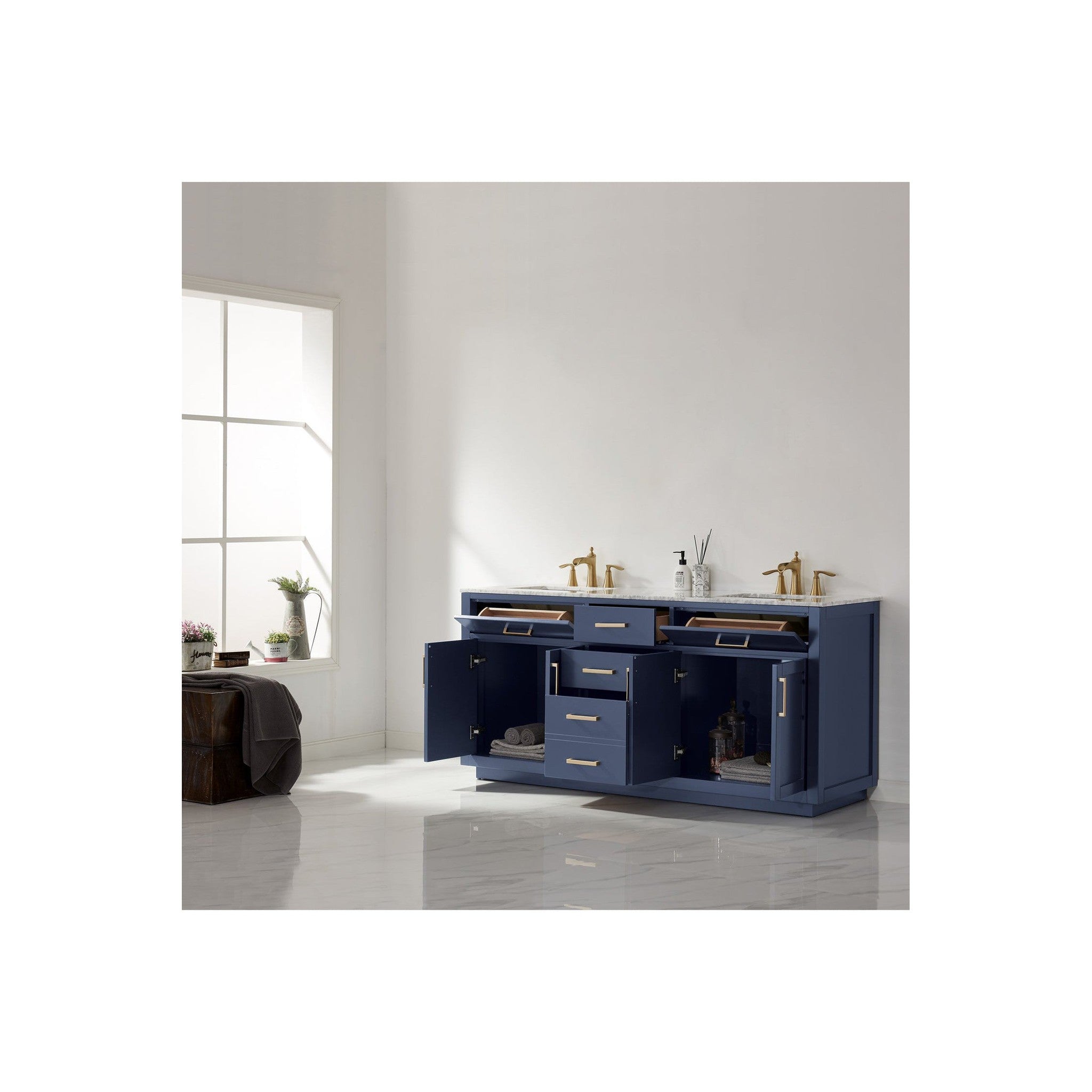 Ivy 72" Double Bathroom Vanity Set in Royal Blue and Carrara White Marble Countertop without Mirror