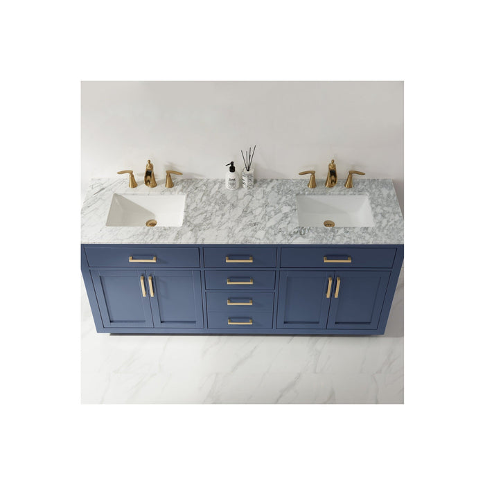 Ivy 72" Double Bathroom Vanity Set in Royal Blue and Carrara White Marble Countertop without Mirror