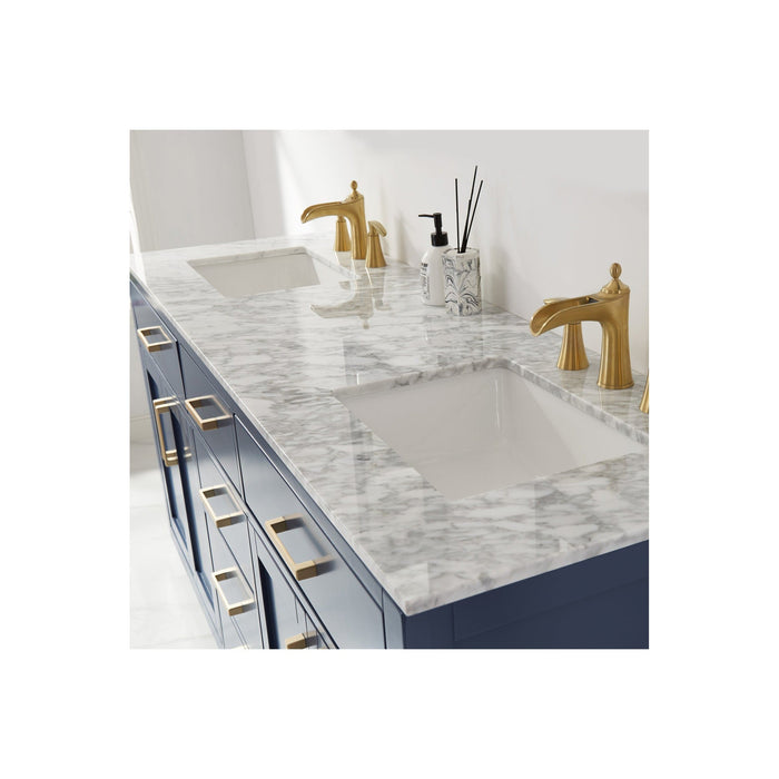 Ivy 72" Double Bathroom Vanity Set in Royal Blue and Carrara White Marble Countertop without Mirror
