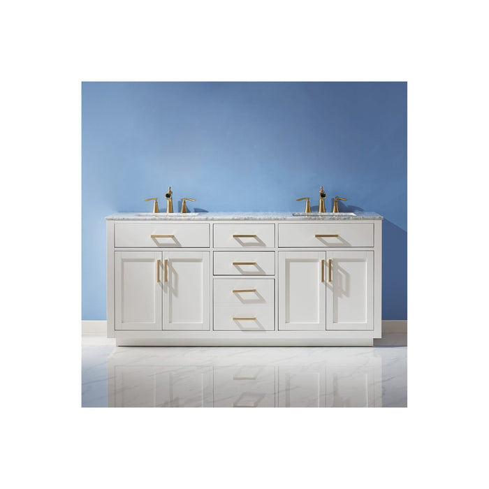 Ivy 72" Double Bathroom Vanity Set in White and Carrara White Marble Countertop without Mirror