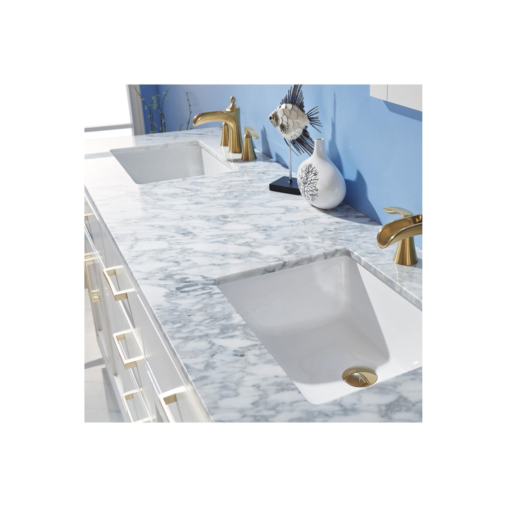 Ivy 72" Double Bathroom Vanity Set in White and Carrara White Marble Countertop with Mirror