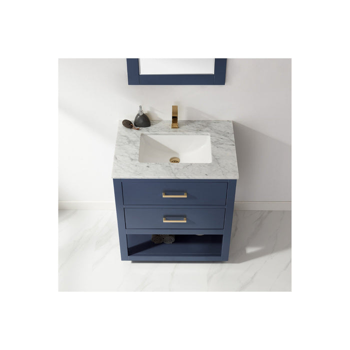 Remi 30" Single Bathroom Vanity Set in Royal Blue and Carrara White Marble Countertop with Mirror