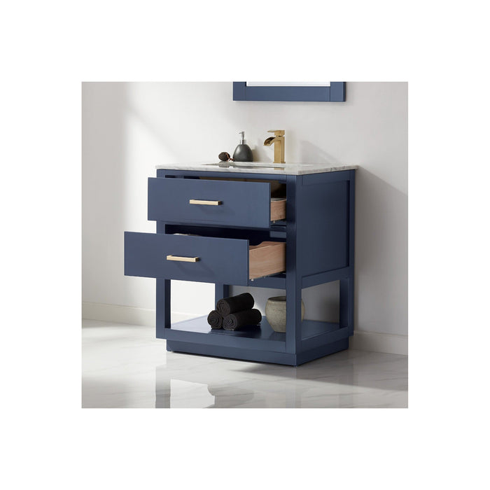 Remi 30" Single Bathroom Vanity Set in Royal Blue and Carrara White Marble Countertop with Mirror