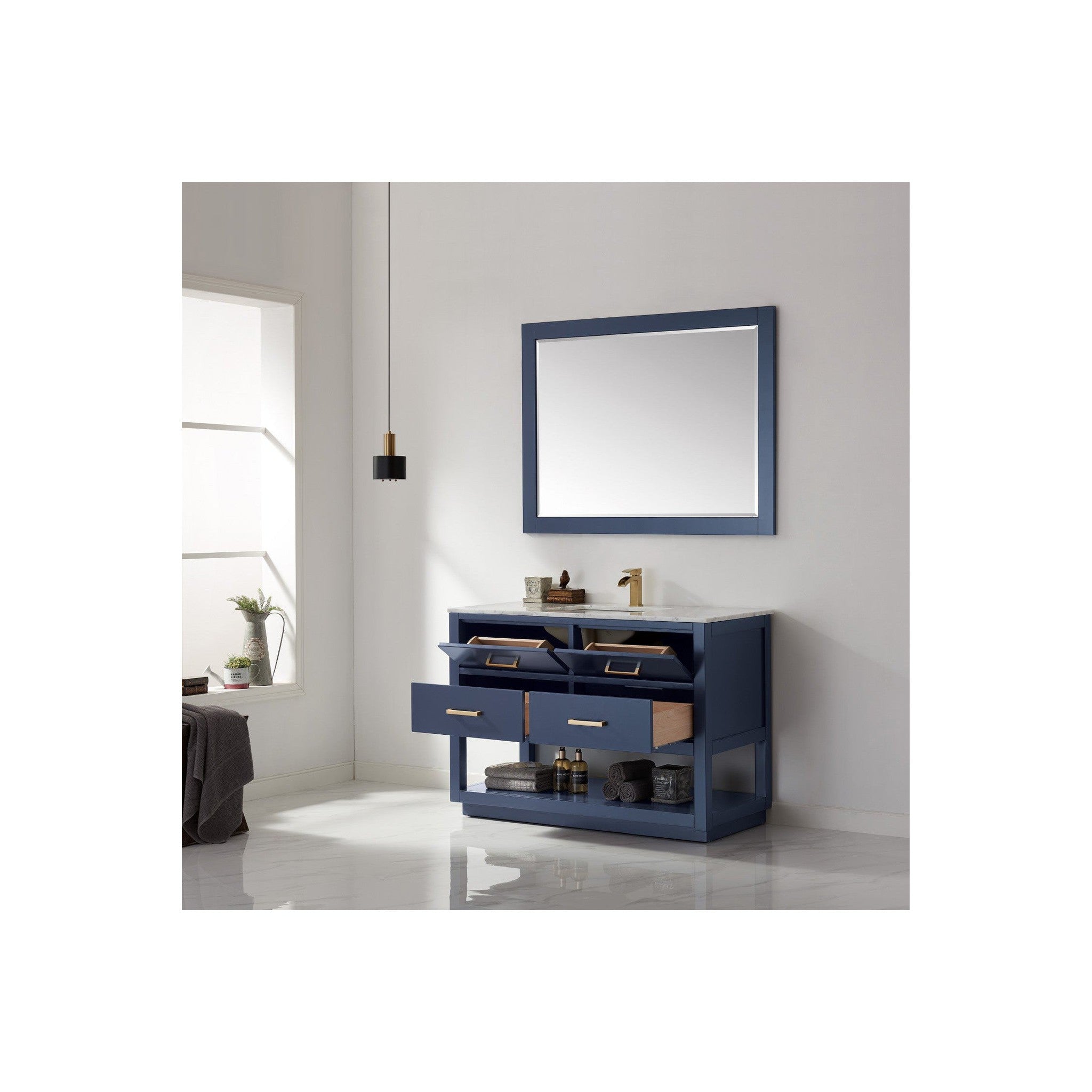 Remi 48" Single Bathroom Vanity Set in Royal Blue and Carrara White Marble Countertop with Mirror