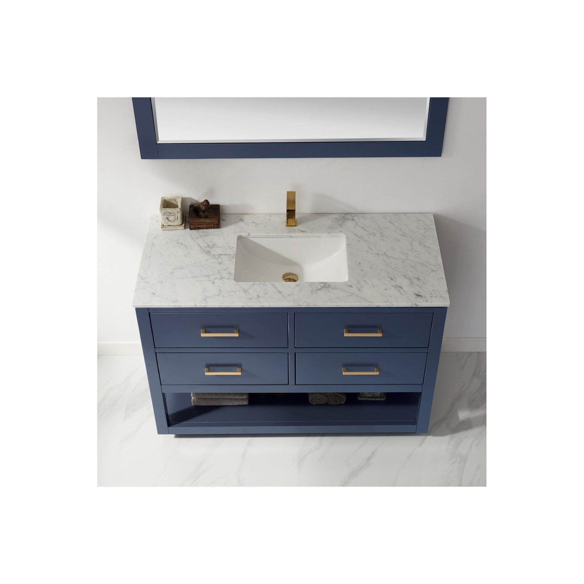 Remi 48" Single Bathroom Vanity Set in Royal Blue and Carrara White Marble Countertop with Mirror