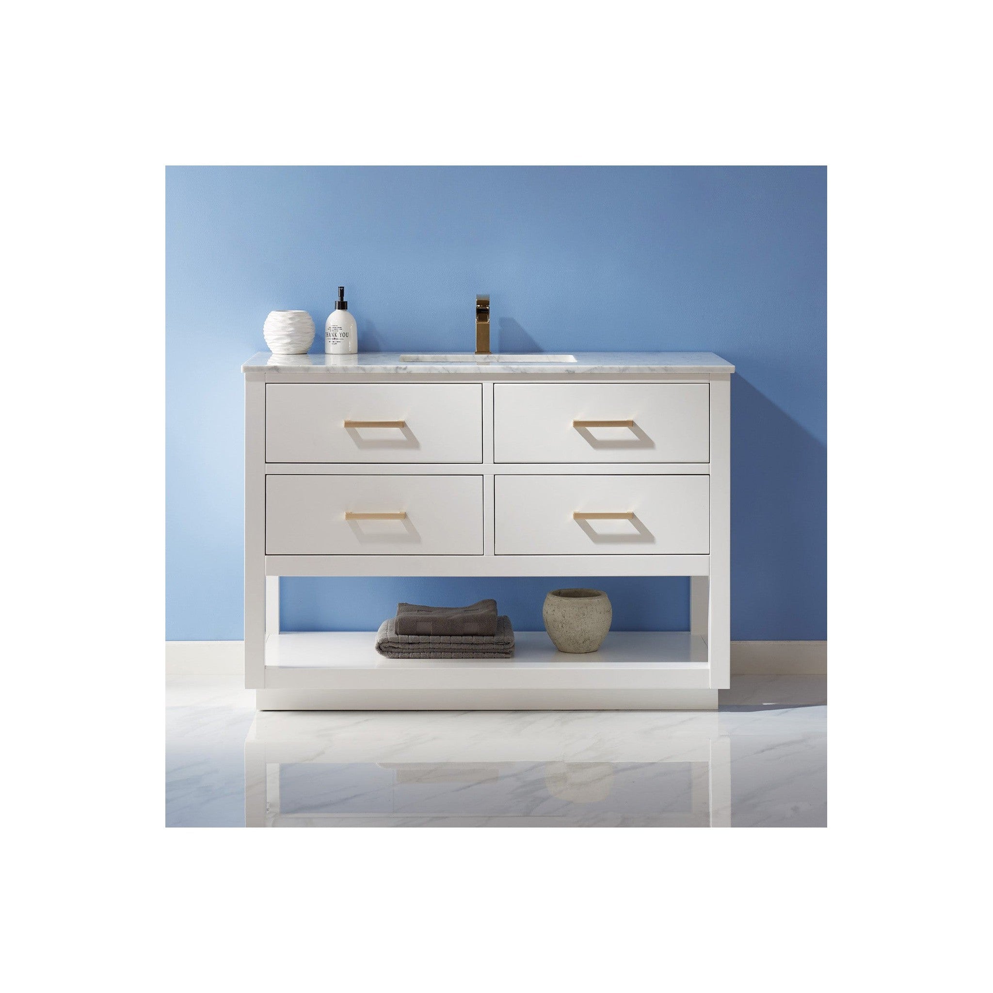 Remi 48" Single Bathroom Vanity Set in White and Carrara White Marble Countertop without Mirror