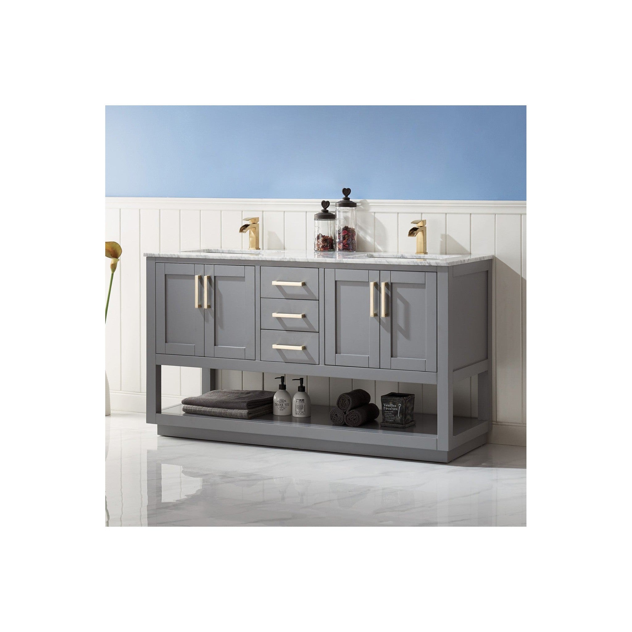 Remi 60" Double Bathroom Vanity Set in Gray and Carrara White Marble Countertop without Mirror