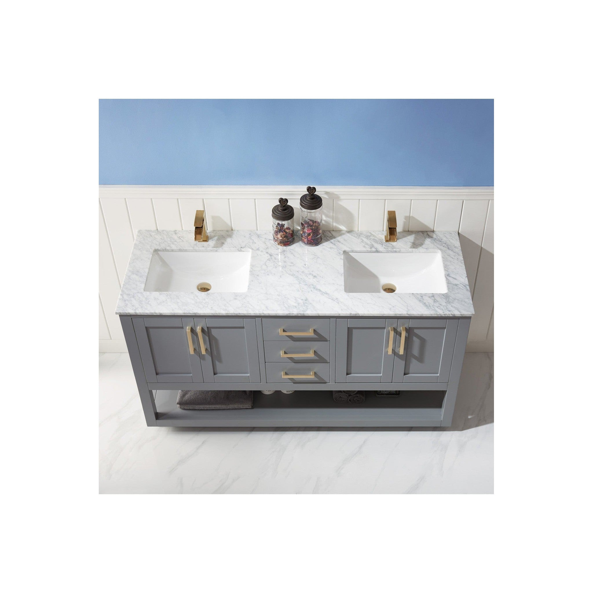 Remi 60" Double Bathroom Vanity Set in Gray and Carrara White Marble Countertop without Mirror