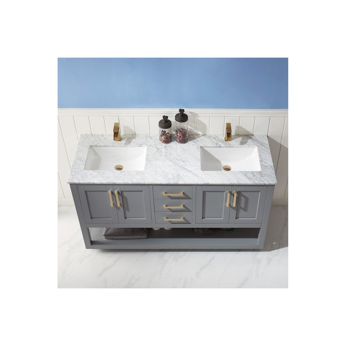 Remi 60" Double Bathroom Vanity Set in Gray and Carrara White Marble Countertop without Mirror