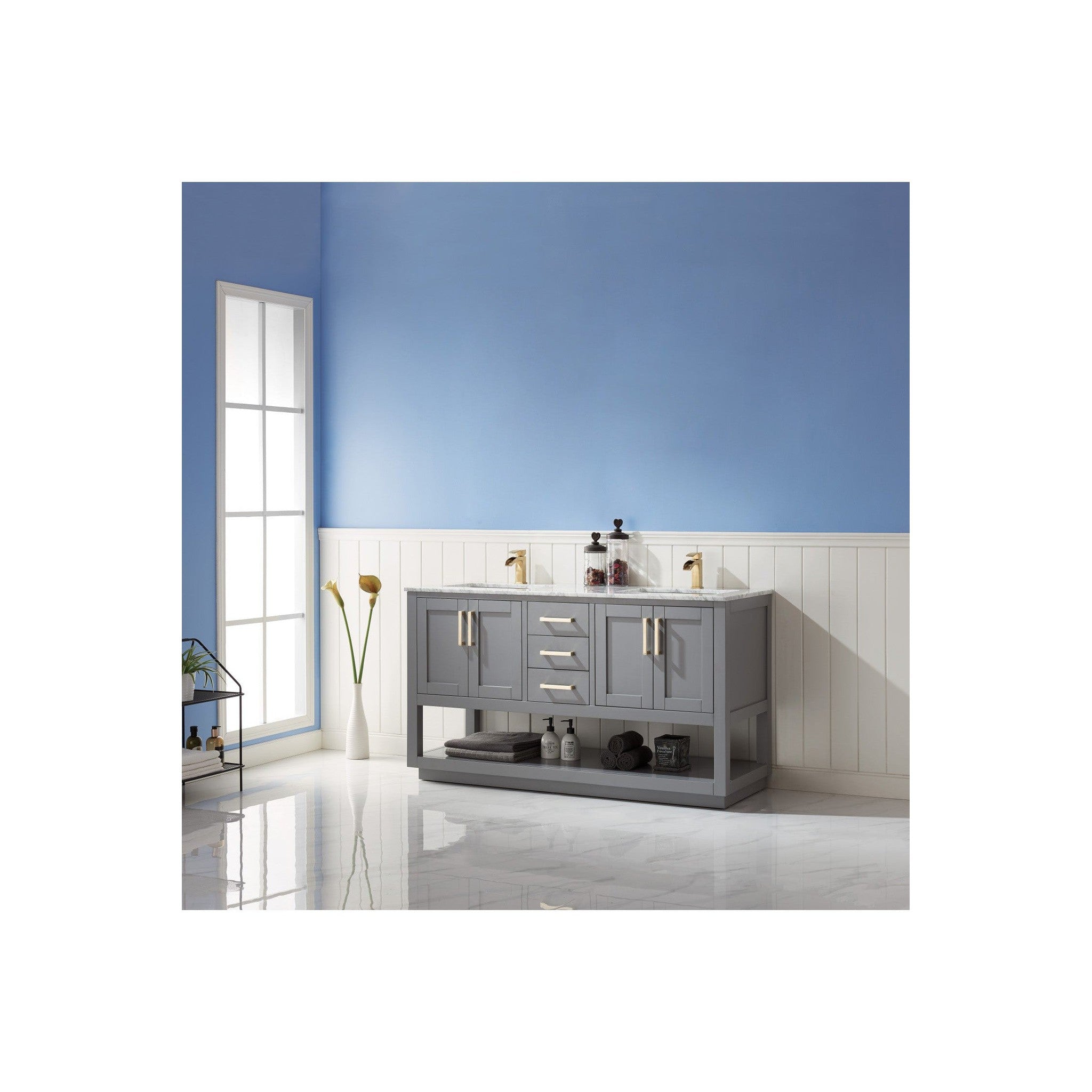 Remi 60" Double Bathroom Vanity Set in Gray and Carrara White Marble Countertop without Mirror