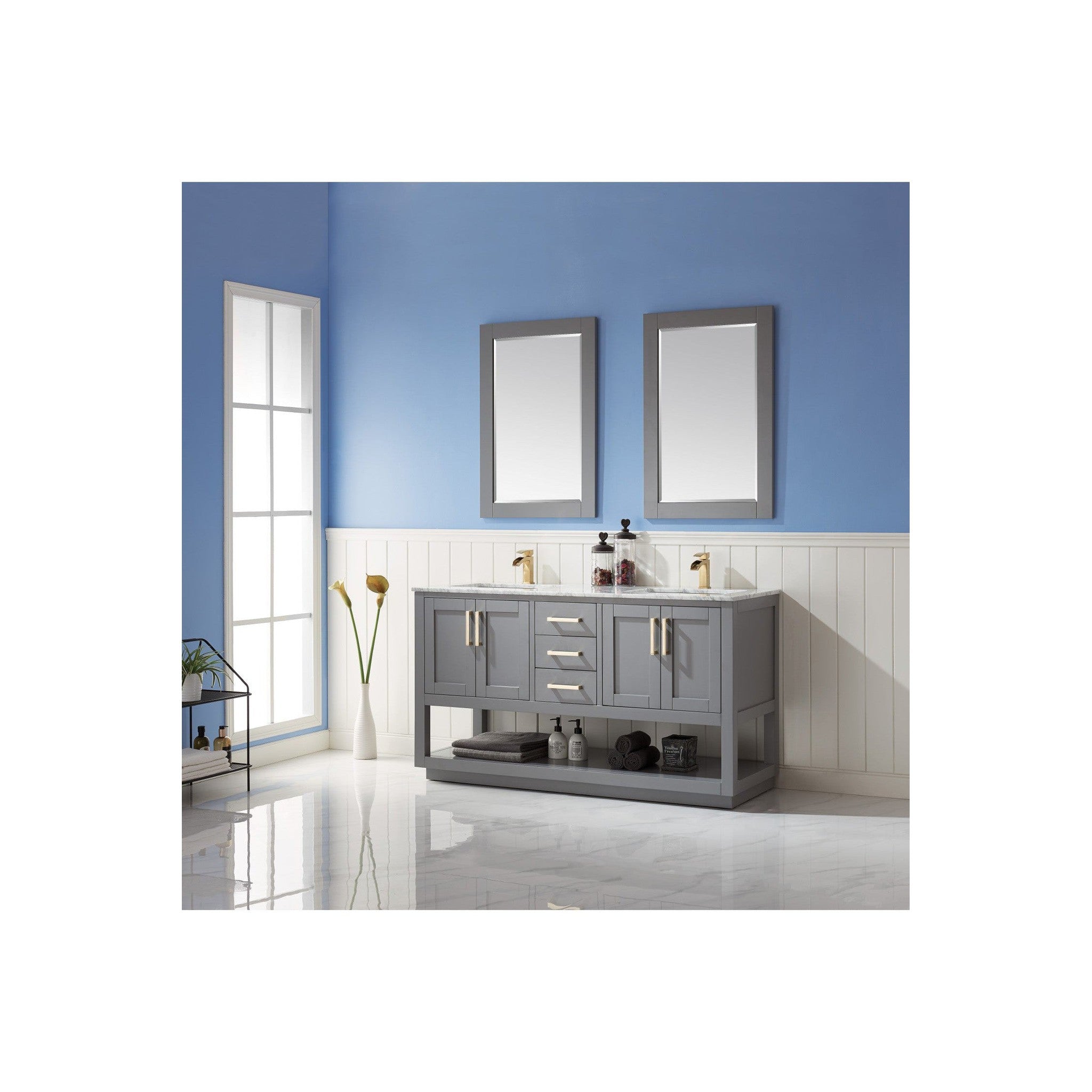 Remi 60" Double Bathroom Vanity Set in Gray and Carrara White Marble Countertop with Mirror