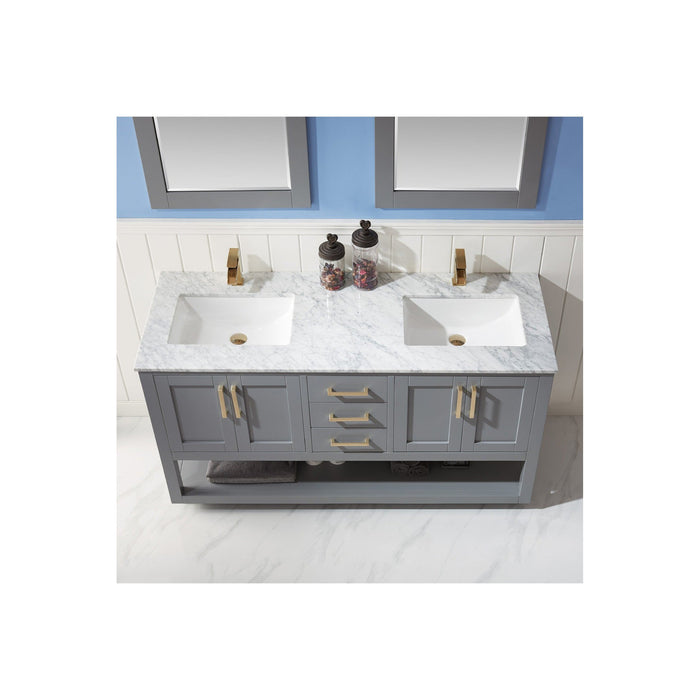 Remi 60" Double Bathroom Vanity Set in Gray and Carrara White Marble Countertop with Mirror