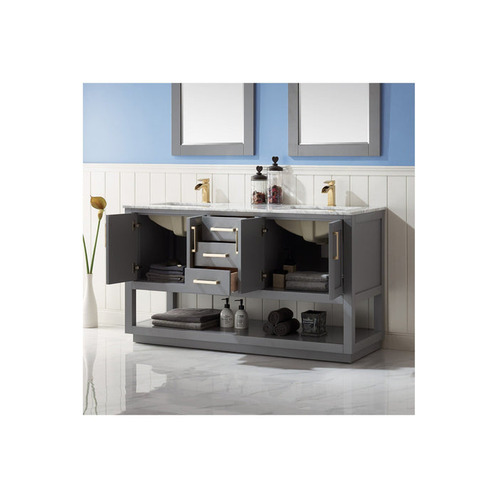 Remi 60" Double Bathroom Vanity Set in Gray and Carrara White Marble Countertop with Mirror