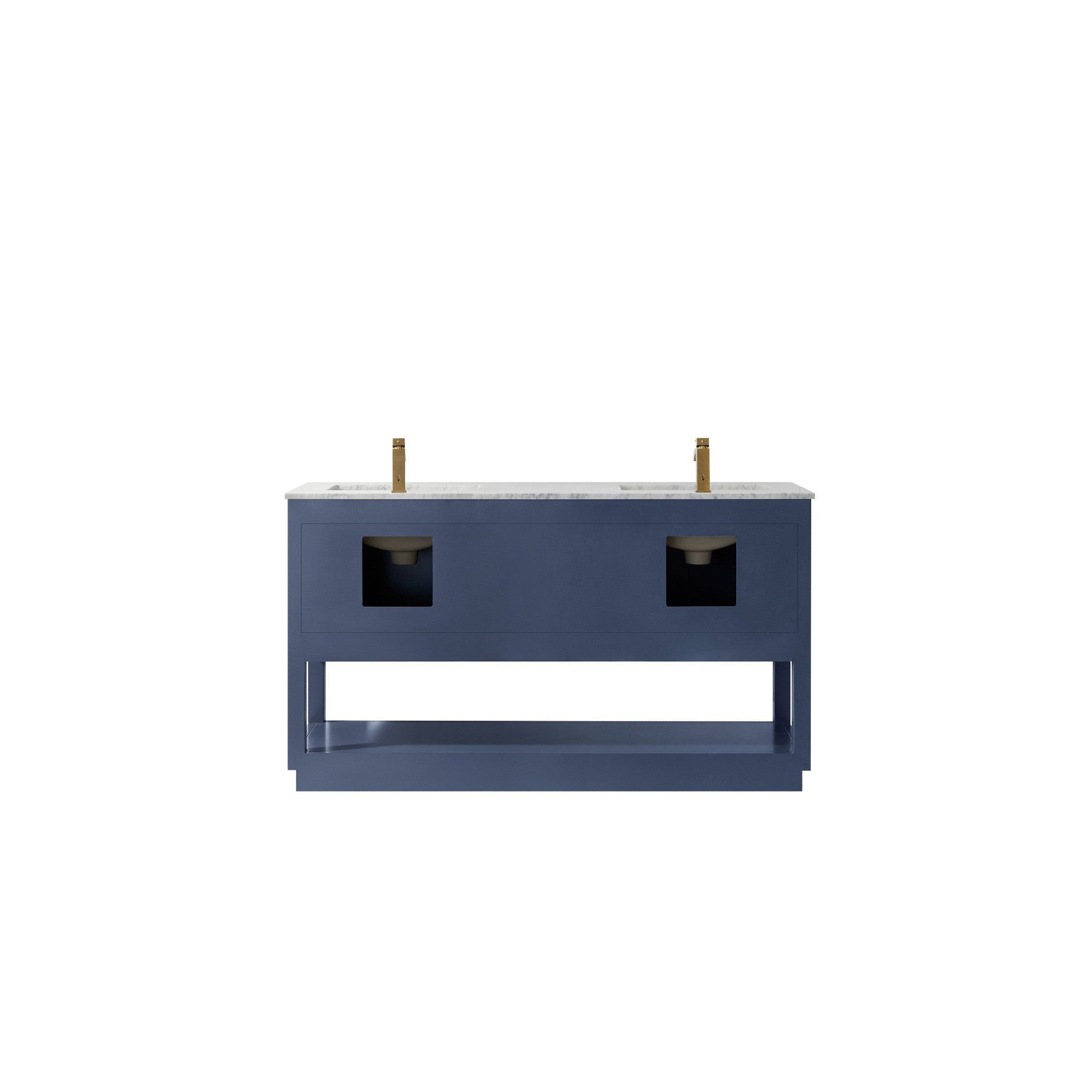 Remi 60" Double Bathroom Vanity Set in Royal Blue and Carrara White Marble Countertop without Mirror