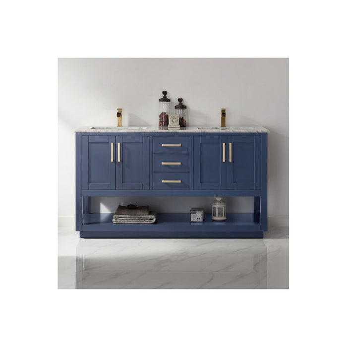 Remi 60" Double Bathroom Vanity Set in Royal Blue and Carrara White Marble Countertop without Mirror