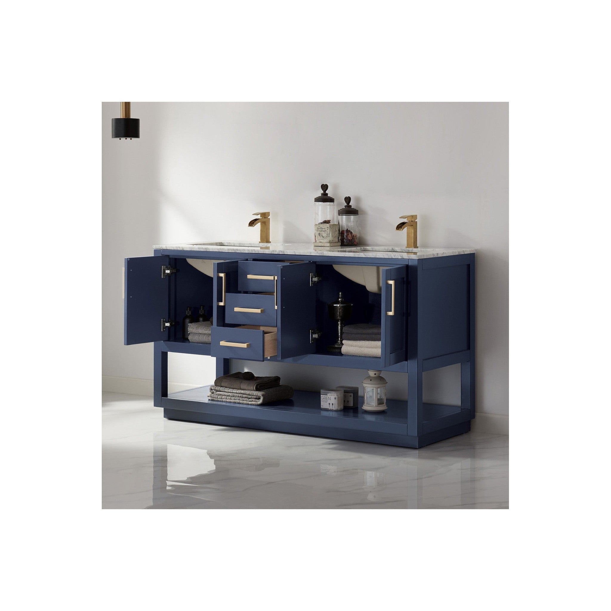 Remi 60" Double Bathroom Vanity Set in Royal Blue and Carrara White Marble Countertop without Mirror