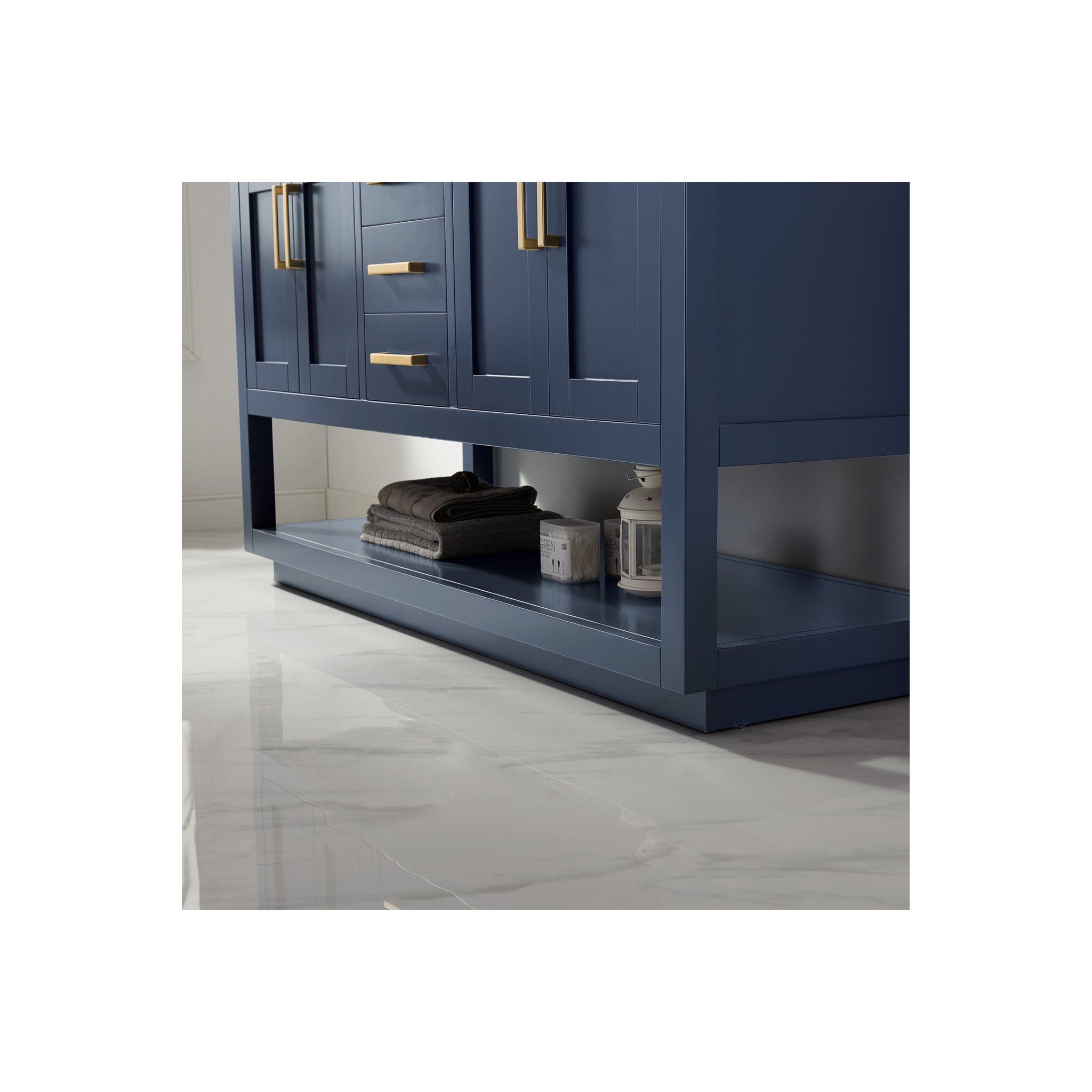 Remi 60" Double Bathroom Vanity Set in Royal Blue and Carrara White Marble Countertop without Mirror