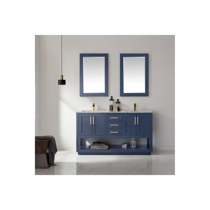 Remi 60" Double Bathroom Vanity Set in Royal Blue and Carrara White Marble Countertop with Mirror