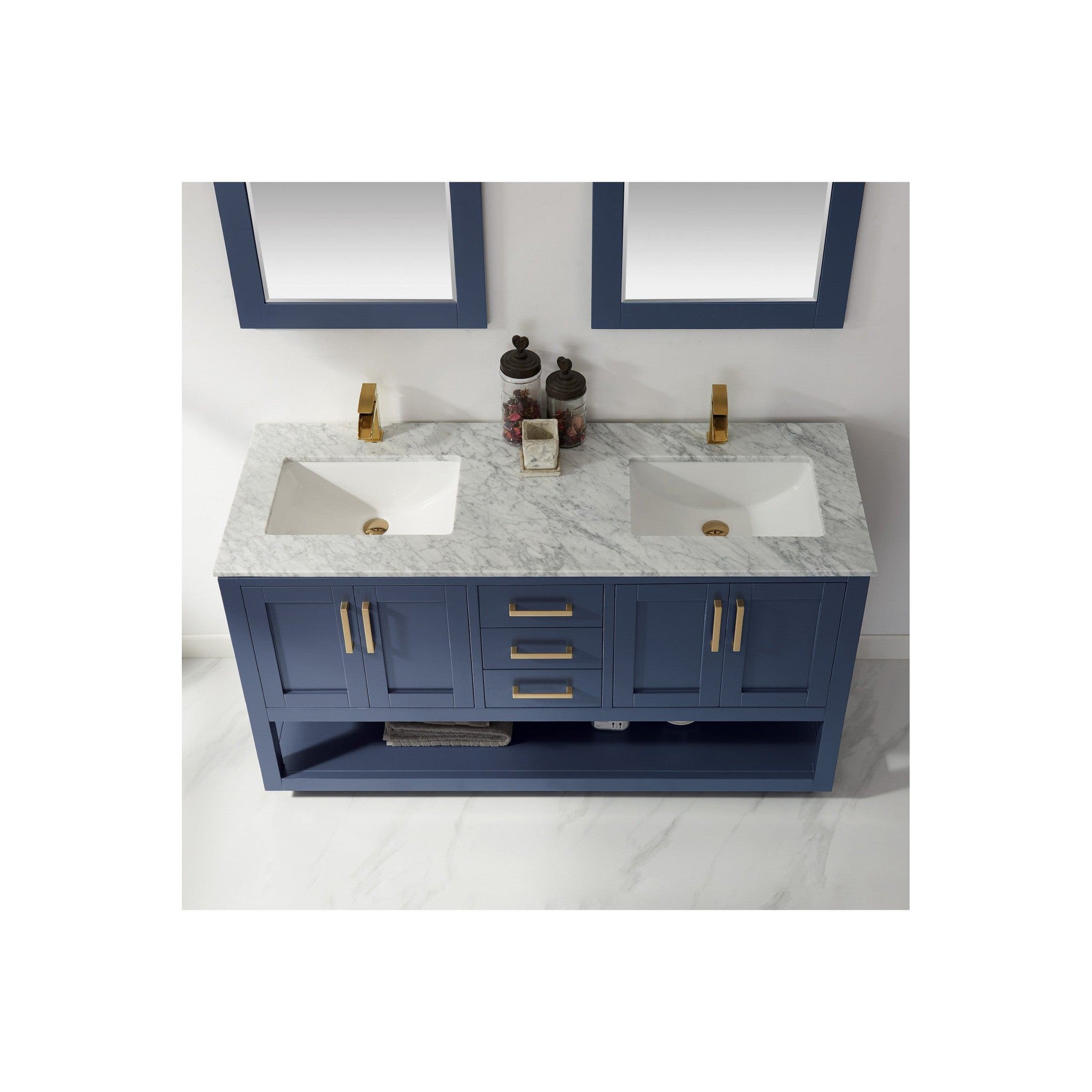 Remi 60" Double Bathroom Vanity Set in Royal Blue and Carrara White Marble Countertop with Mirror