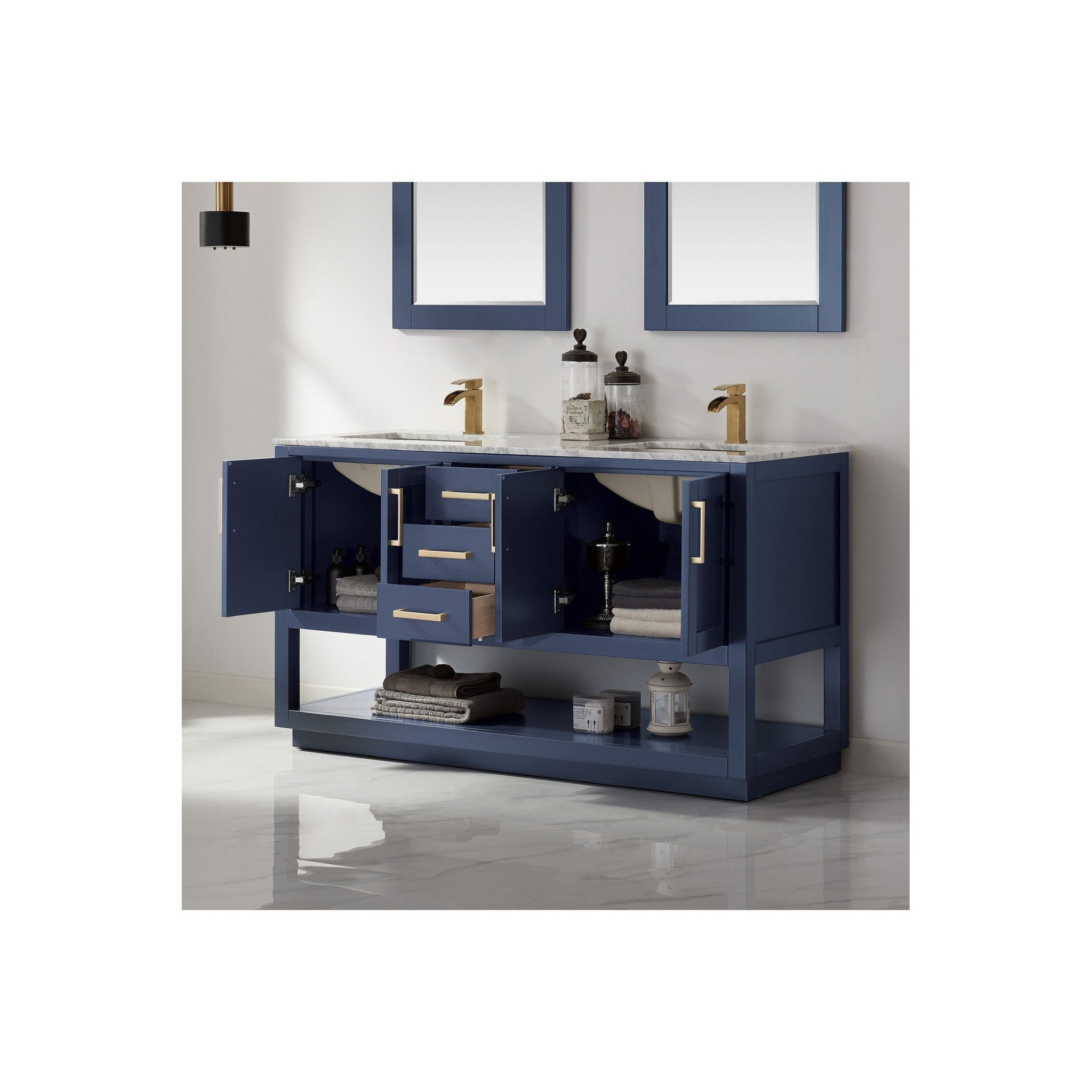 Remi 60" Double Bathroom Vanity Set in Royal Blue and Carrara White Marble Countertop with Mirror