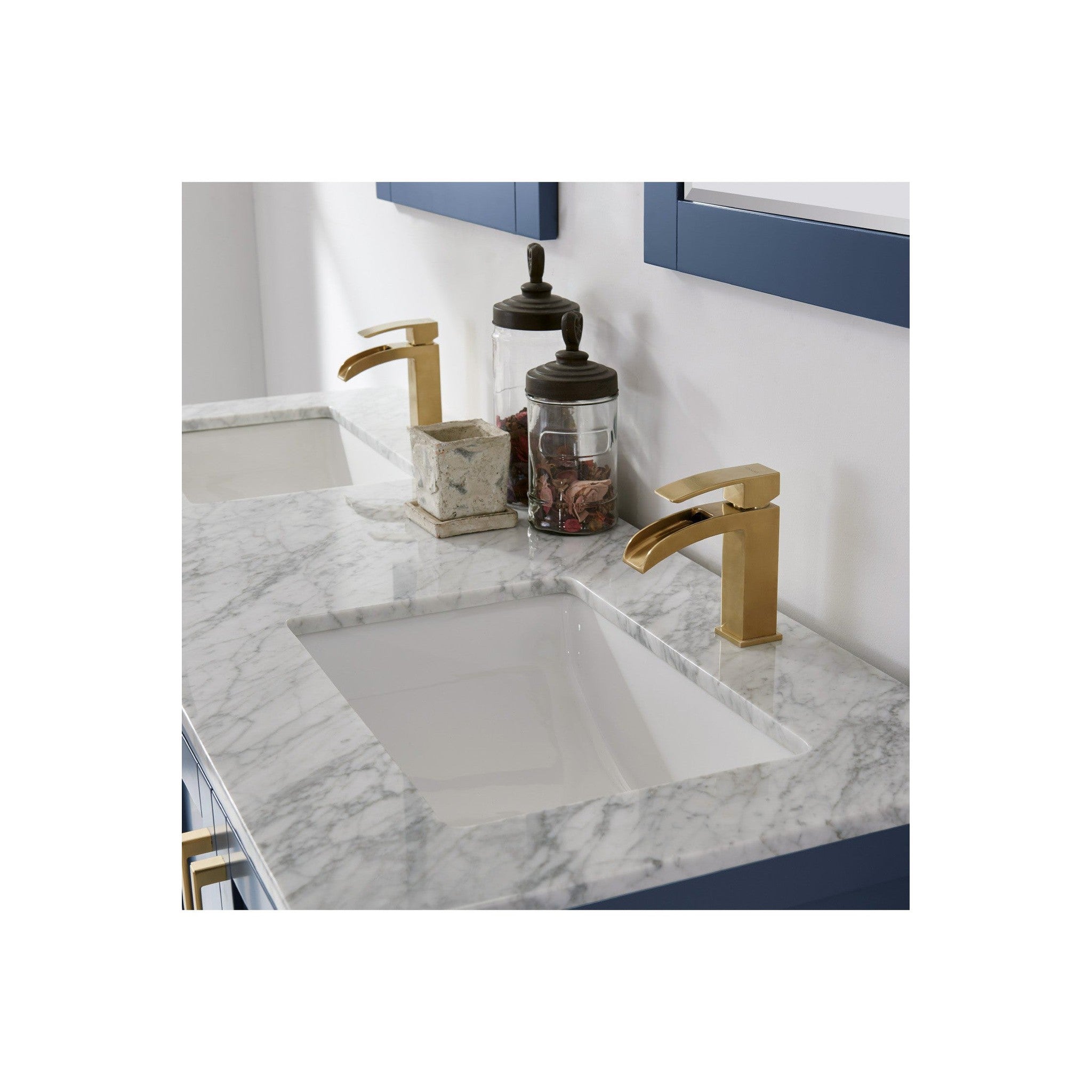 Remi 60" Double Bathroom Vanity Set in Royal Blue and Carrara White Marble Countertop with Mirror