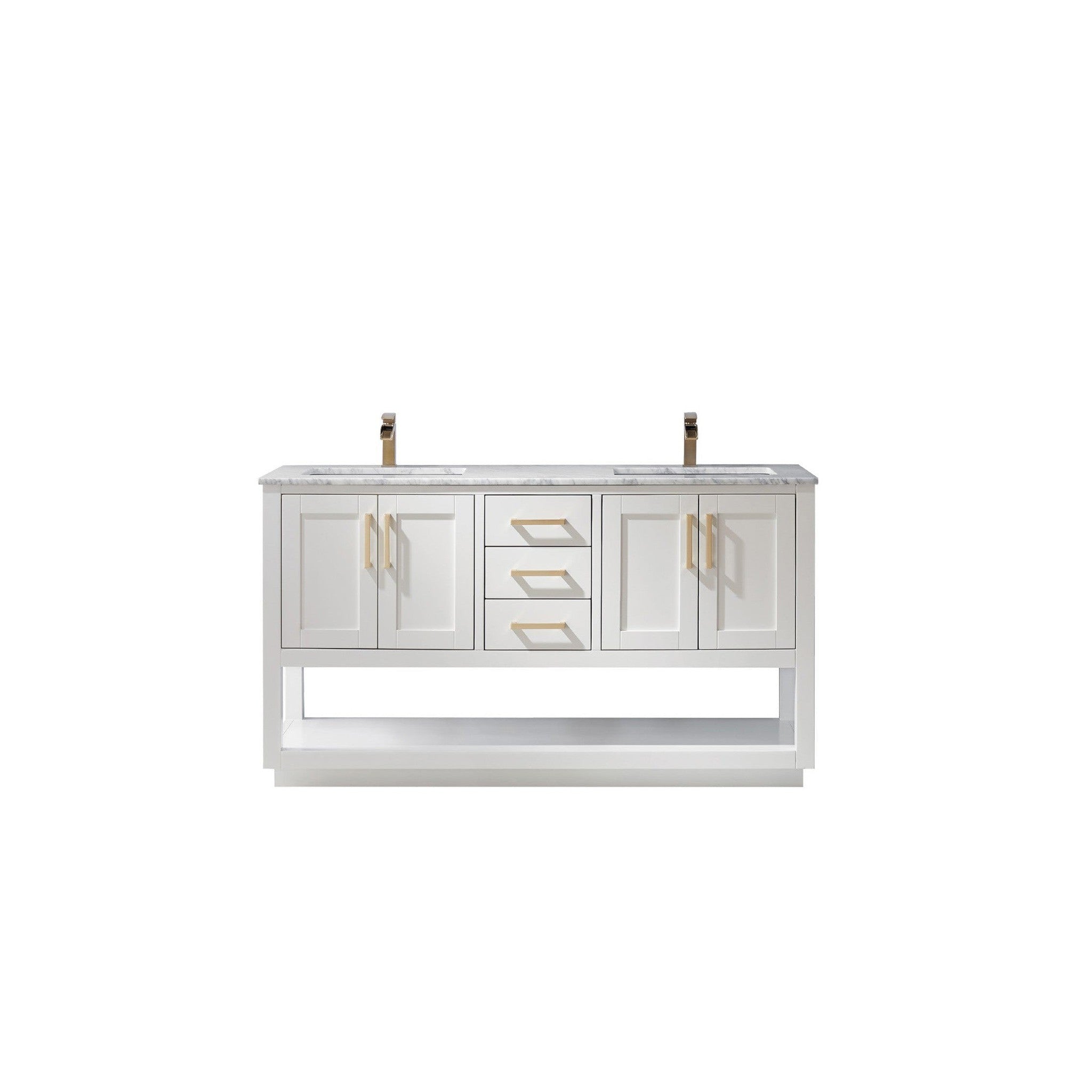 Remi 60" Double Bathroom Vanity Set in White and Carrara White Marble Countertop without Mirror