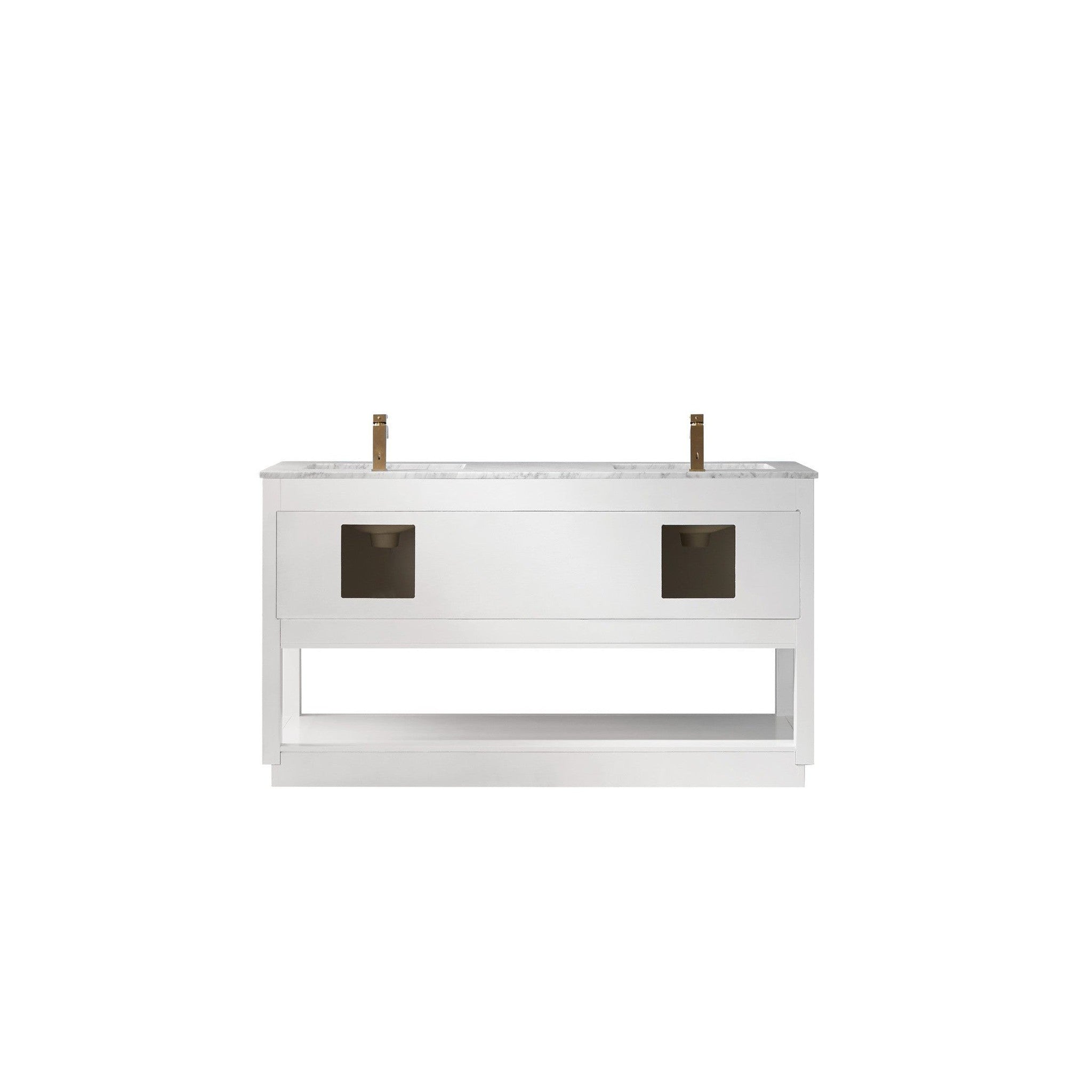 Remi 60" Double Bathroom Vanity Set in White and Carrara White Marble Countertop without Mirror