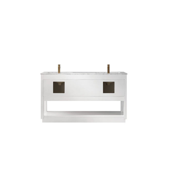 Remi 60" Double Bathroom Vanity Set in White and Carrara White Marble Countertop without Mirror