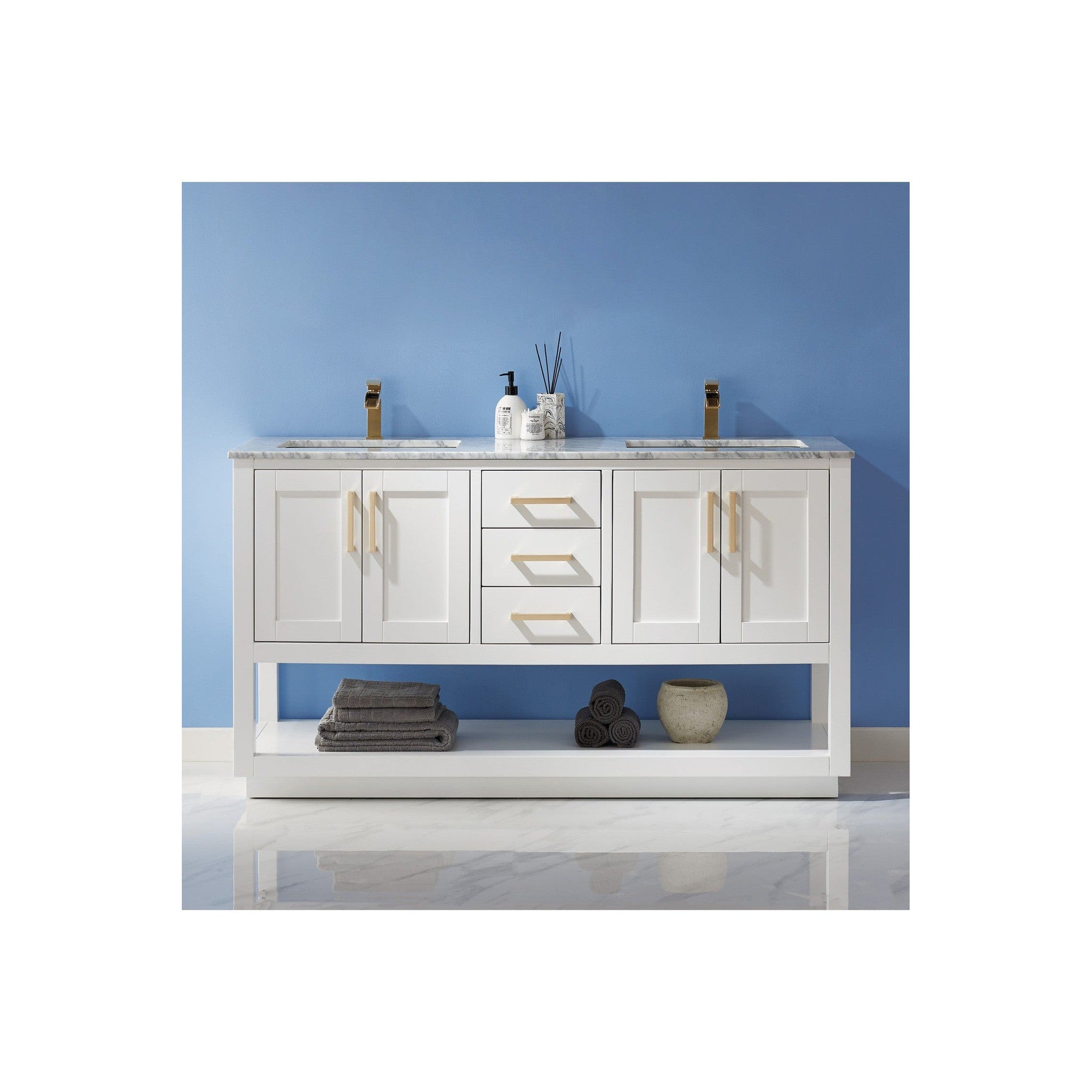 Remi 60" Double Bathroom Vanity Set in White and Carrara White Marble Countertop without Mirror
