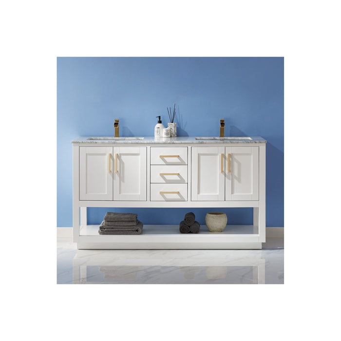 Remi 60" Double Bathroom Vanity Set in White and Carrara White Marble Countertop without Mirror