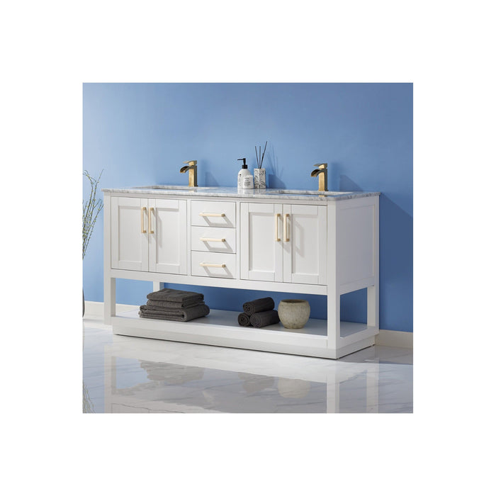 Remi 60" Double Bathroom Vanity Set in White and Carrara White Marble Countertop without Mirror