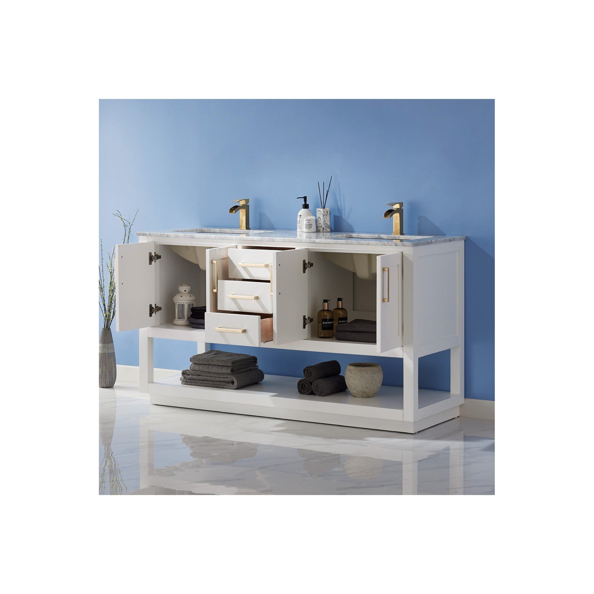Remi 60" Double Bathroom Vanity Set in White and Carrara White Marble Countertop without Mirror