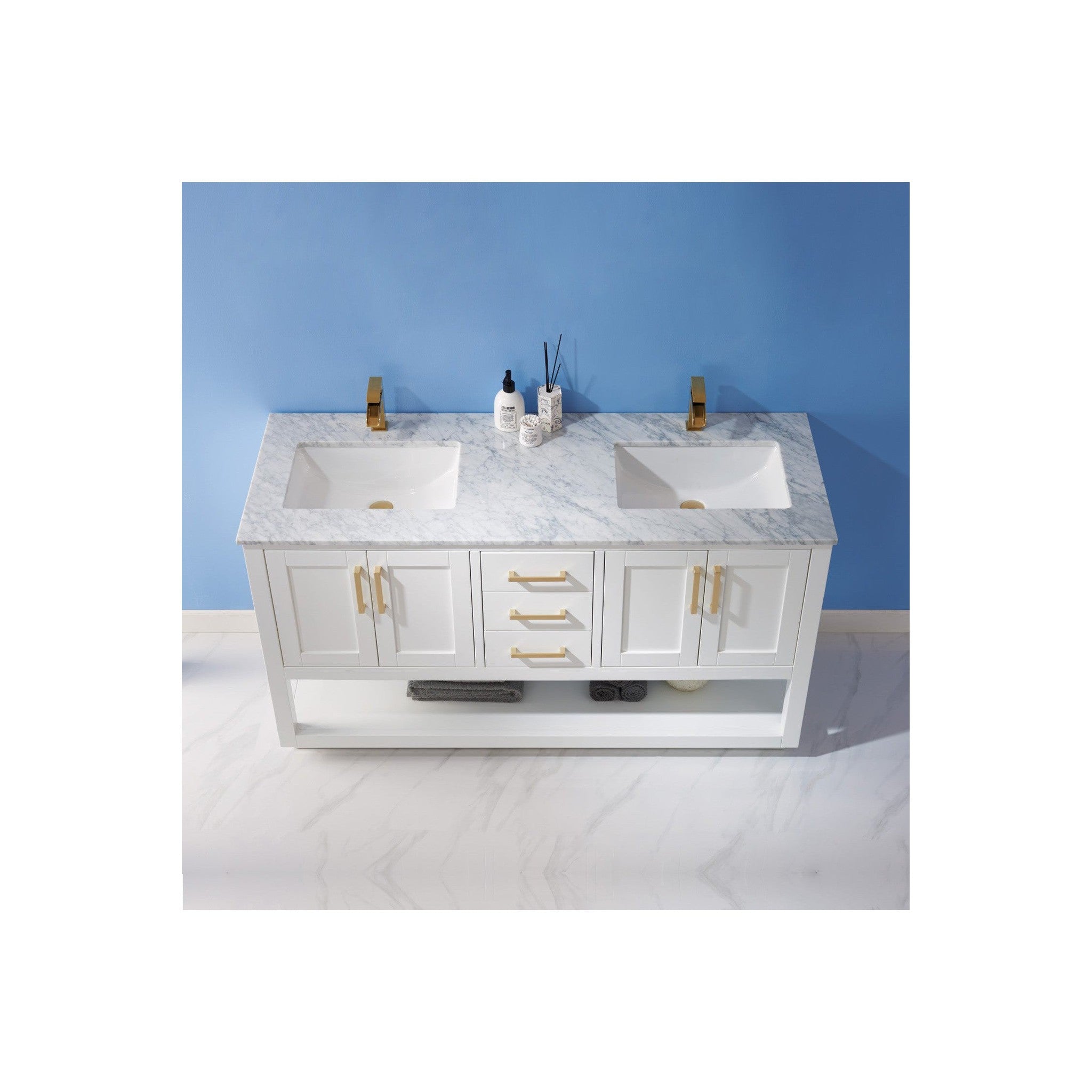 Remi 60" Double Bathroom Vanity Set in White and Carrara White Marble Countertop without Mirror
