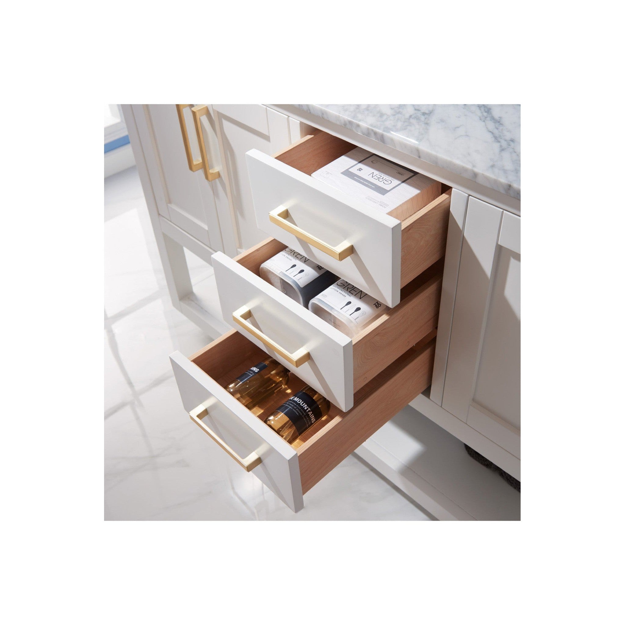 Remi 60" Double Bathroom Vanity Set in White and Carrara White Marble Countertop without Mirror