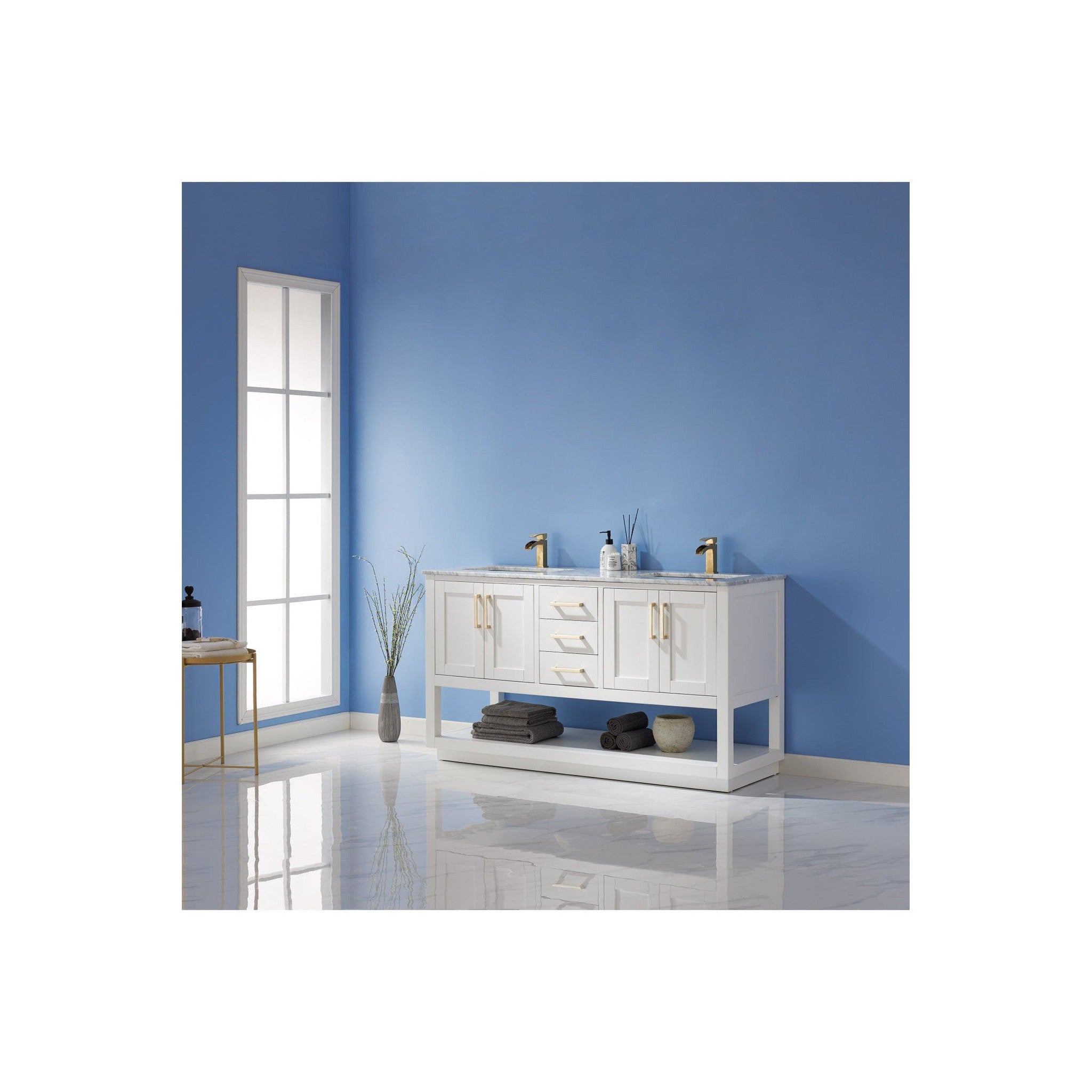 Remi 60" Double Bathroom Vanity Set in White and Carrara White Marble Countertop without Mirror